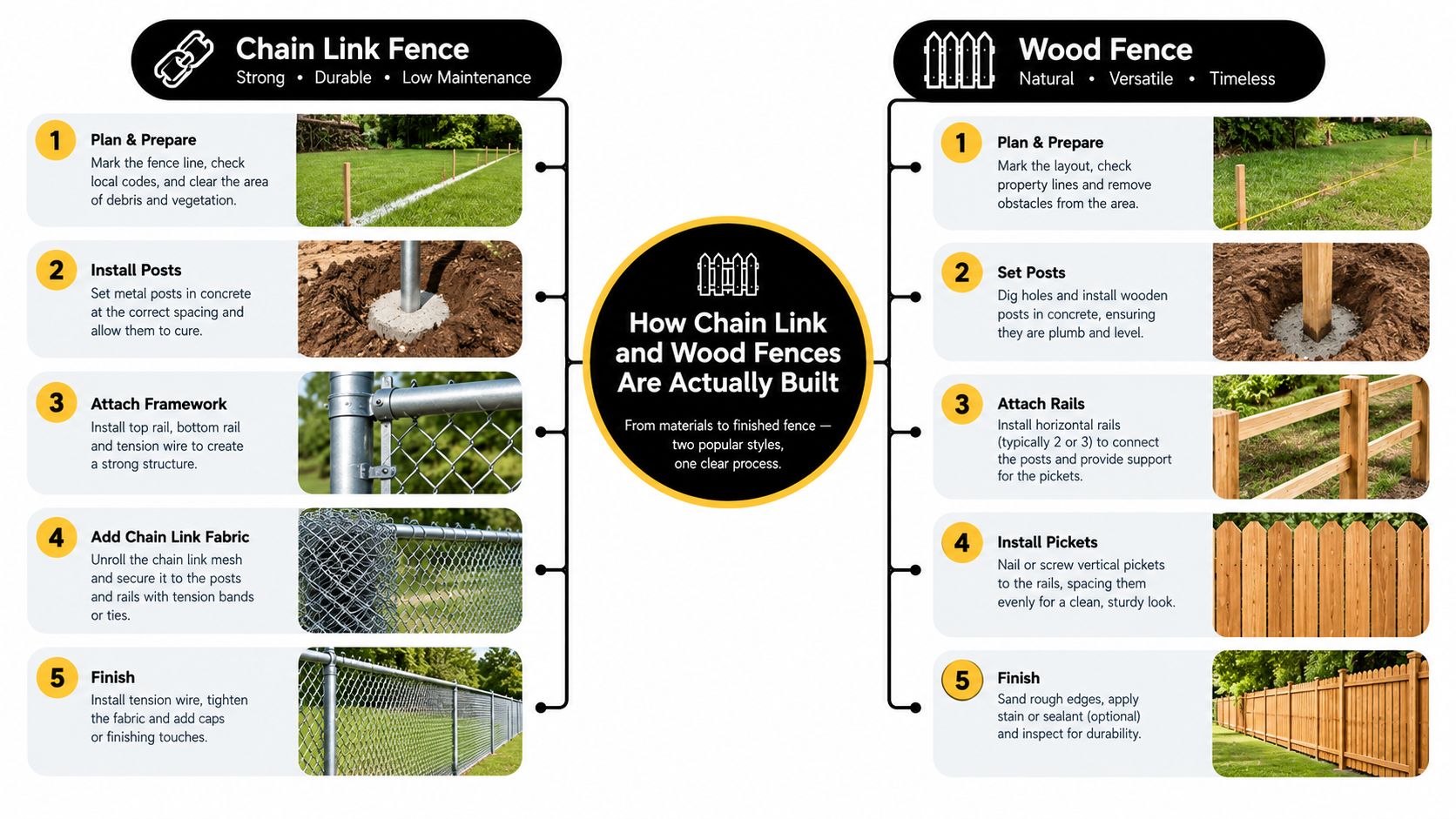 An infographic comparing the step-by-step installation process for building chain link fences and wood fences.