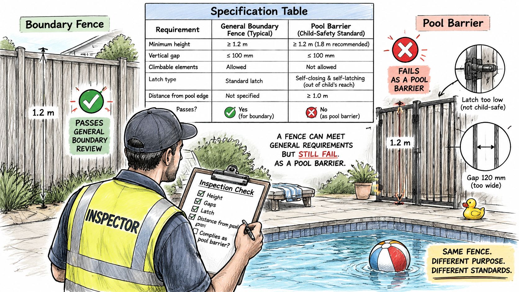 An inspector reviews a fence against pool barrier safety requirements versus standard boundary fence regulations.