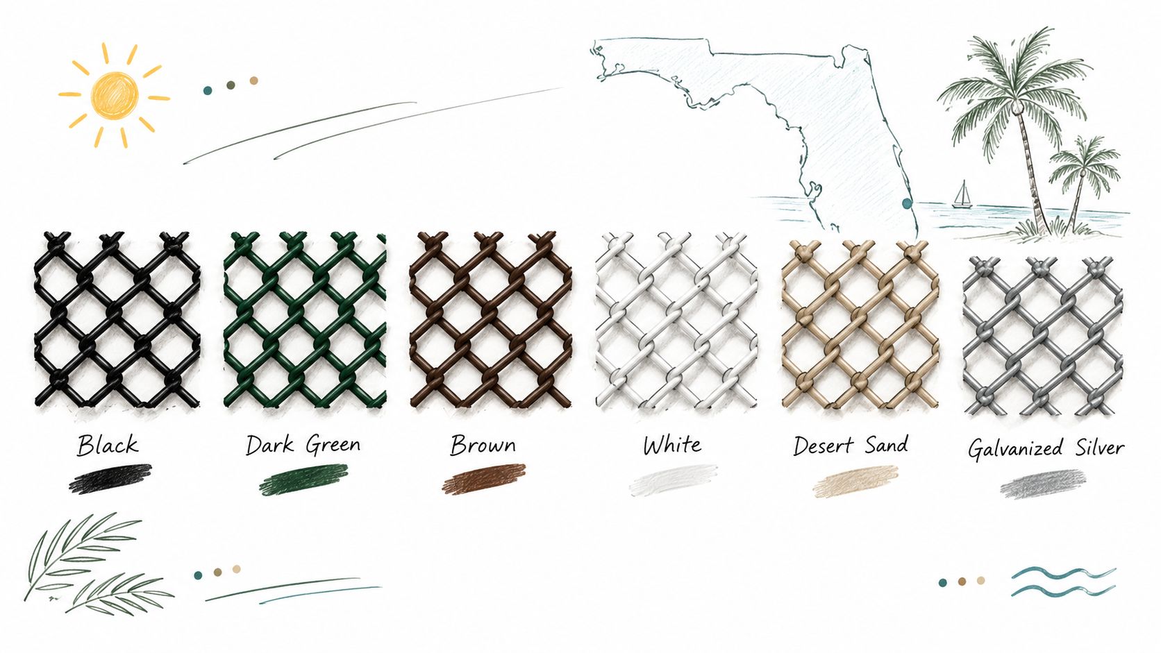 A color chart displaying various vinyl-coated chain link fence options including black, dark green, brown, white, and desert sand.