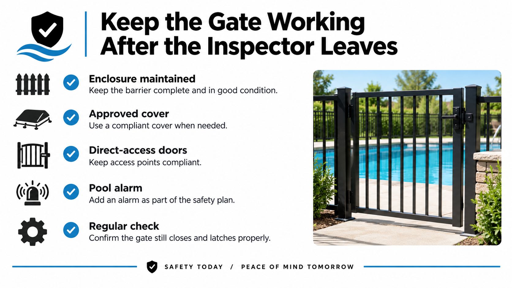 A safety infographic illustrating five important tips for maintaining pool gate enclosures and safety standards after inspection.