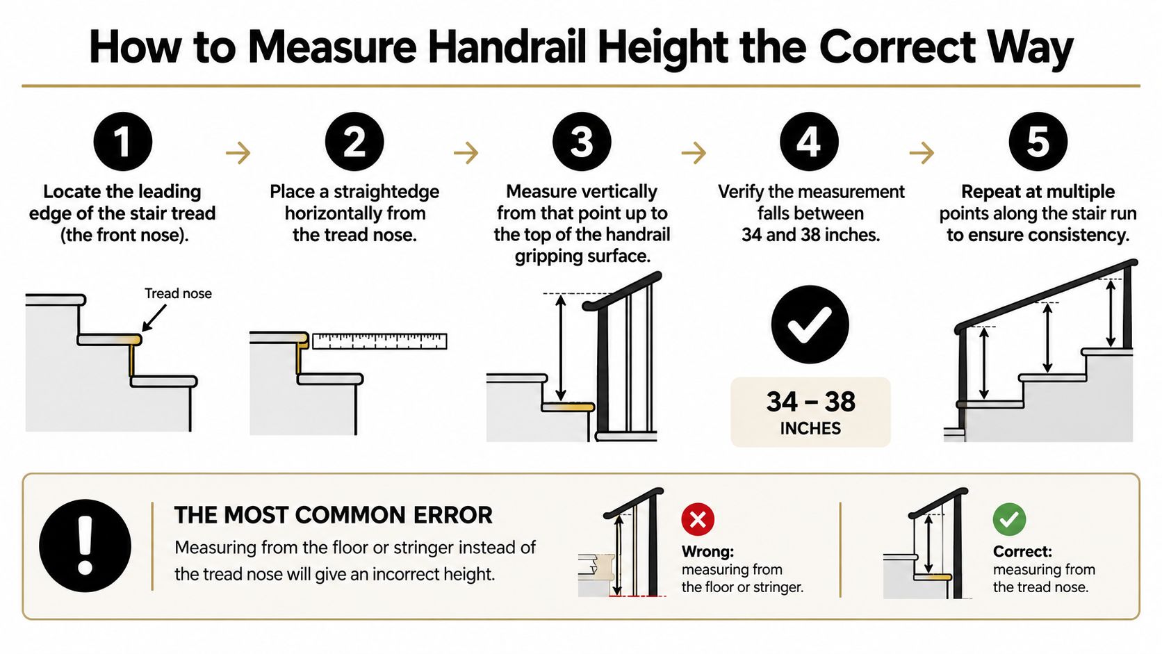An infographic showing the correct five-step method for measuring handrail height on a set of stairs.