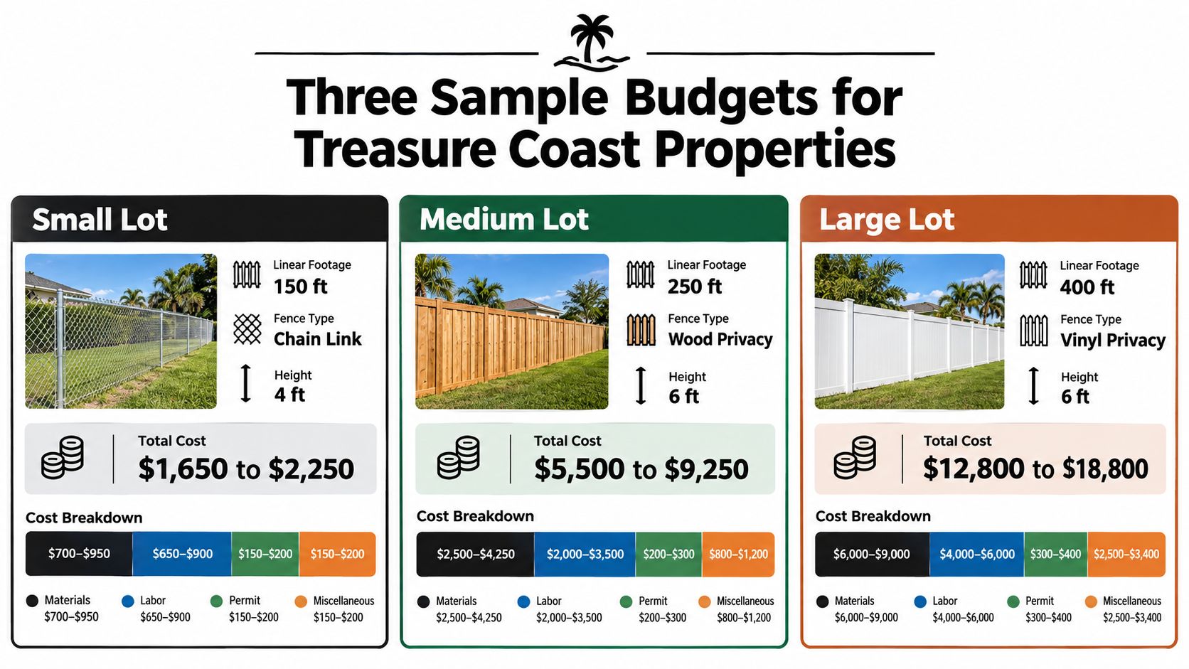 A comparison chart showing three sample budgets for fencing projects on small, medium, and large properties.