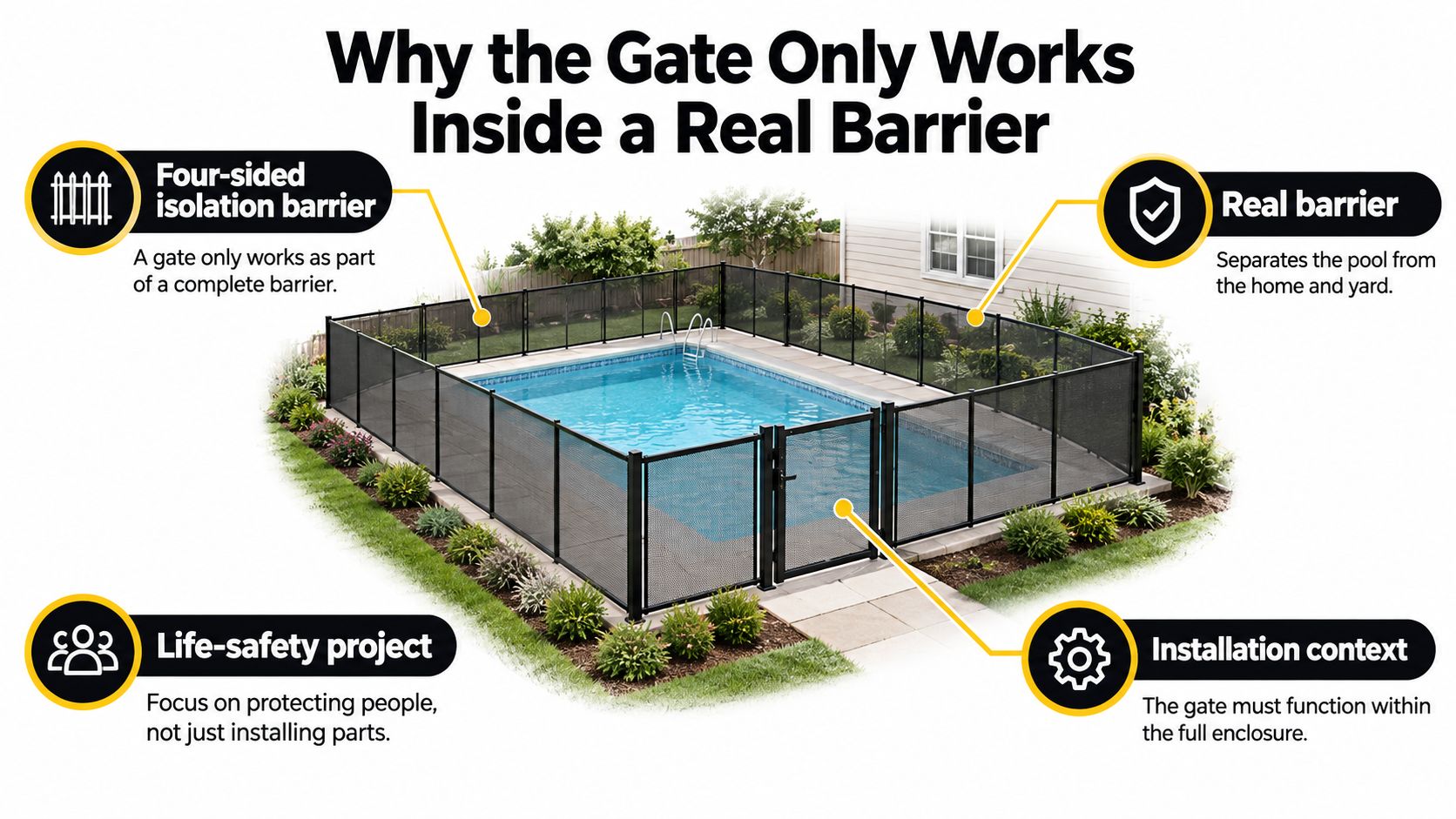 A diagram illustrating a four-sided safety fence and gate installed around a backyard swimming pool for protection.