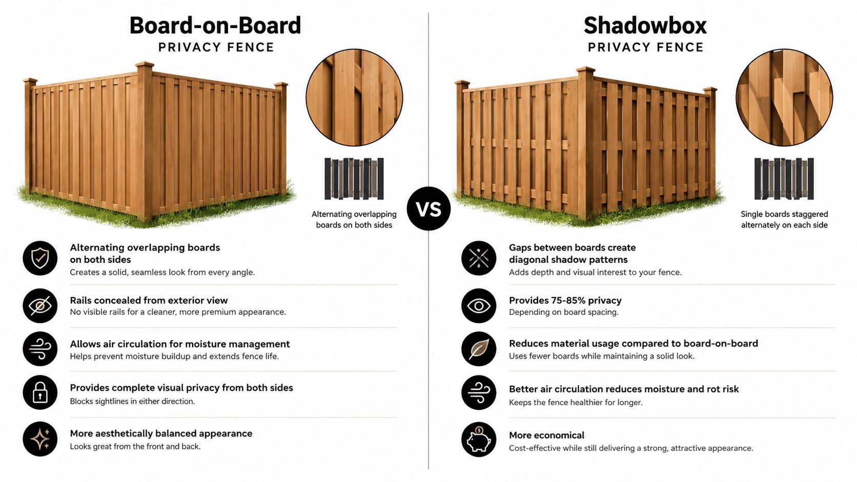 A comparison infographic between Board-on-Board and Shadowbox wood privacy fence styles highlighting their design and benefits.