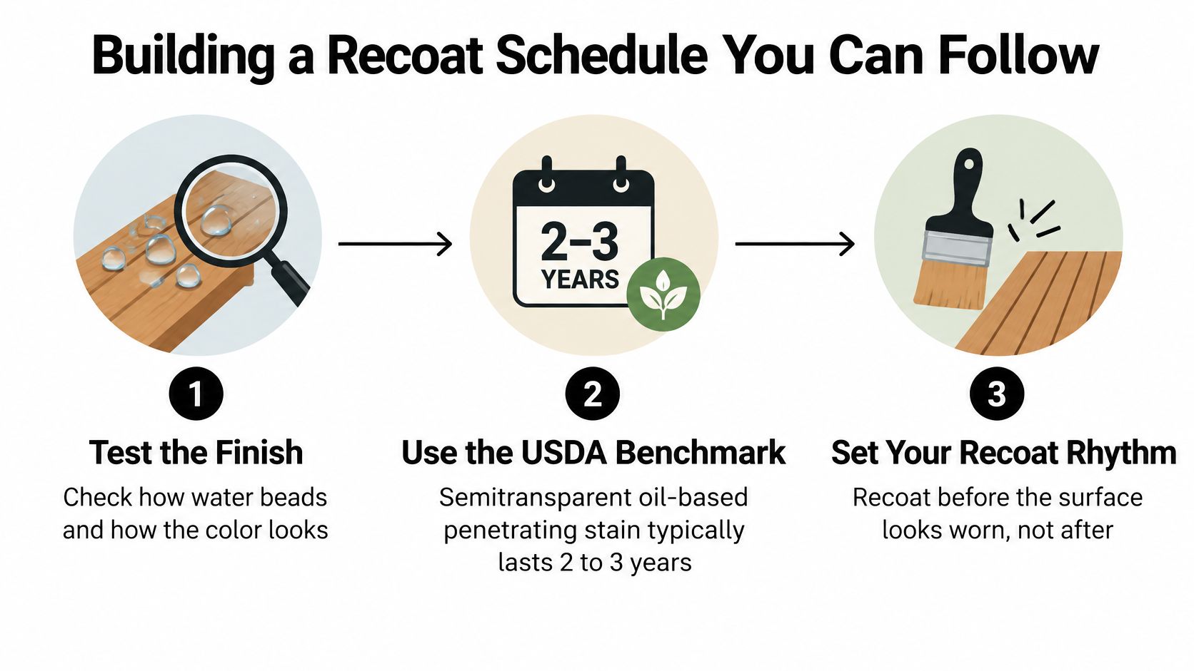 A three-step infographic showing how to build a schedule for recoating a wooden fence or deck.