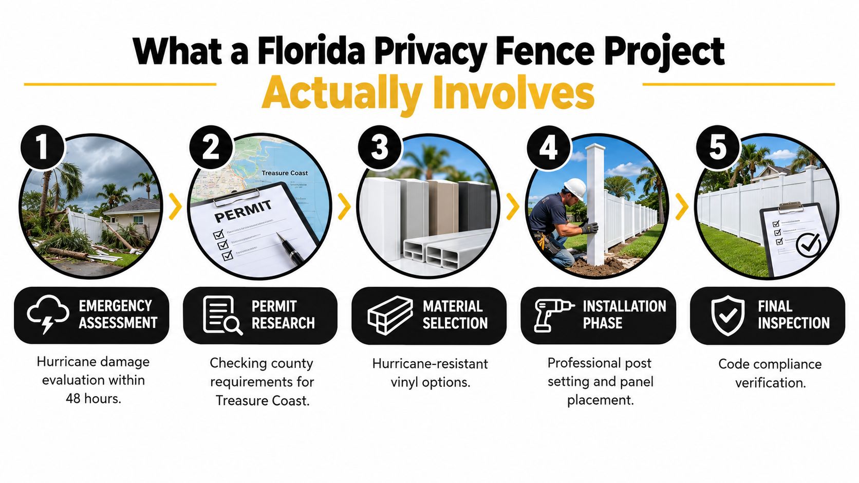 A five-step infographic illustrating the professional process for installing a hurricane-resistant privacy fence in Florida.