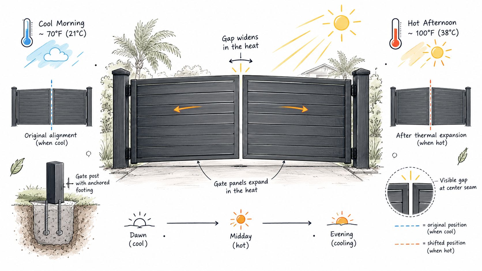 A diagram illustrating how heat causes thermal expansion in an aluminum fence double gate during the day.