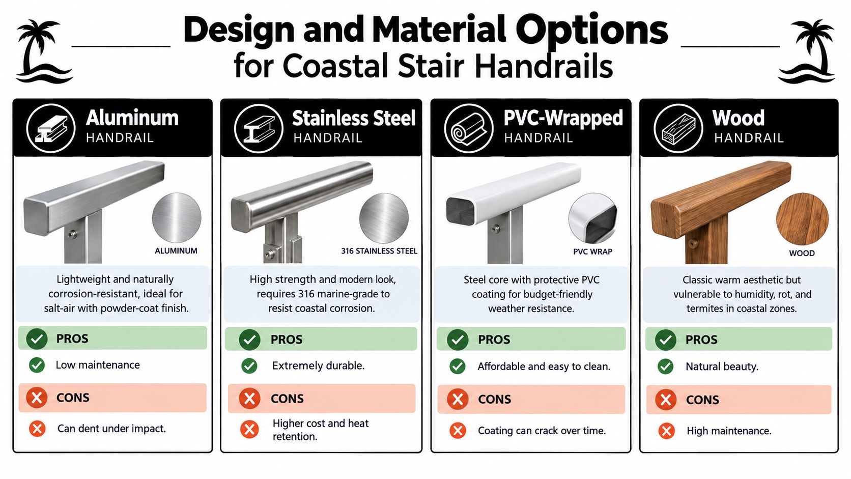 A comparative chart showing four handrail material options for coastal stairs: aluminum, stainless steel, PVC-wrapped, and wood.