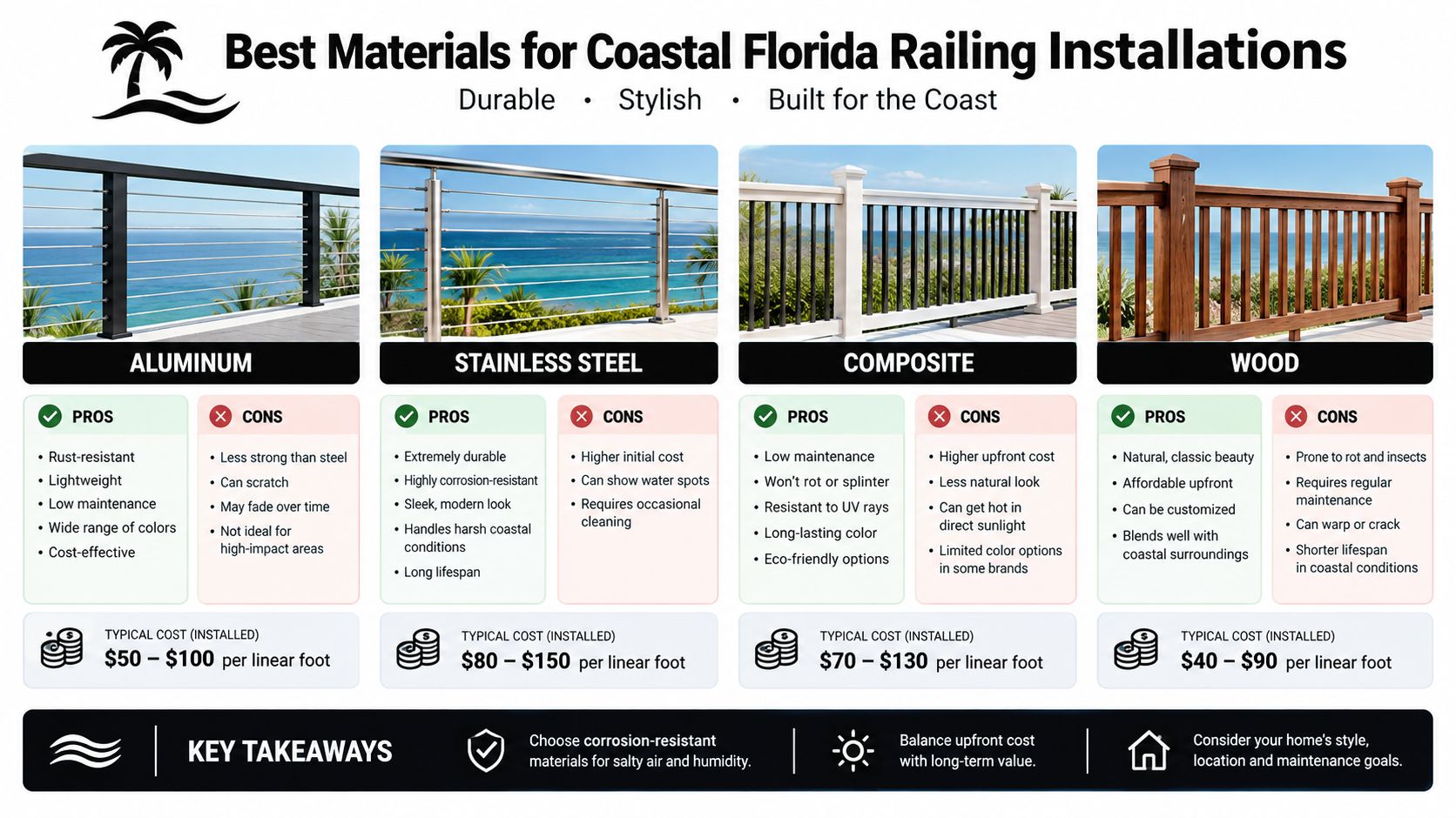 A comparison chart showing the best materials for coastal Florida railings, including aluminum, stainless steel, composite, and wood.