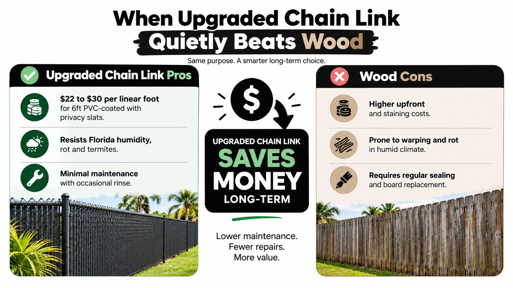 A comparison infographic showing the long-term cost and maintenance benefits of upgraded chain link fencing over wood.