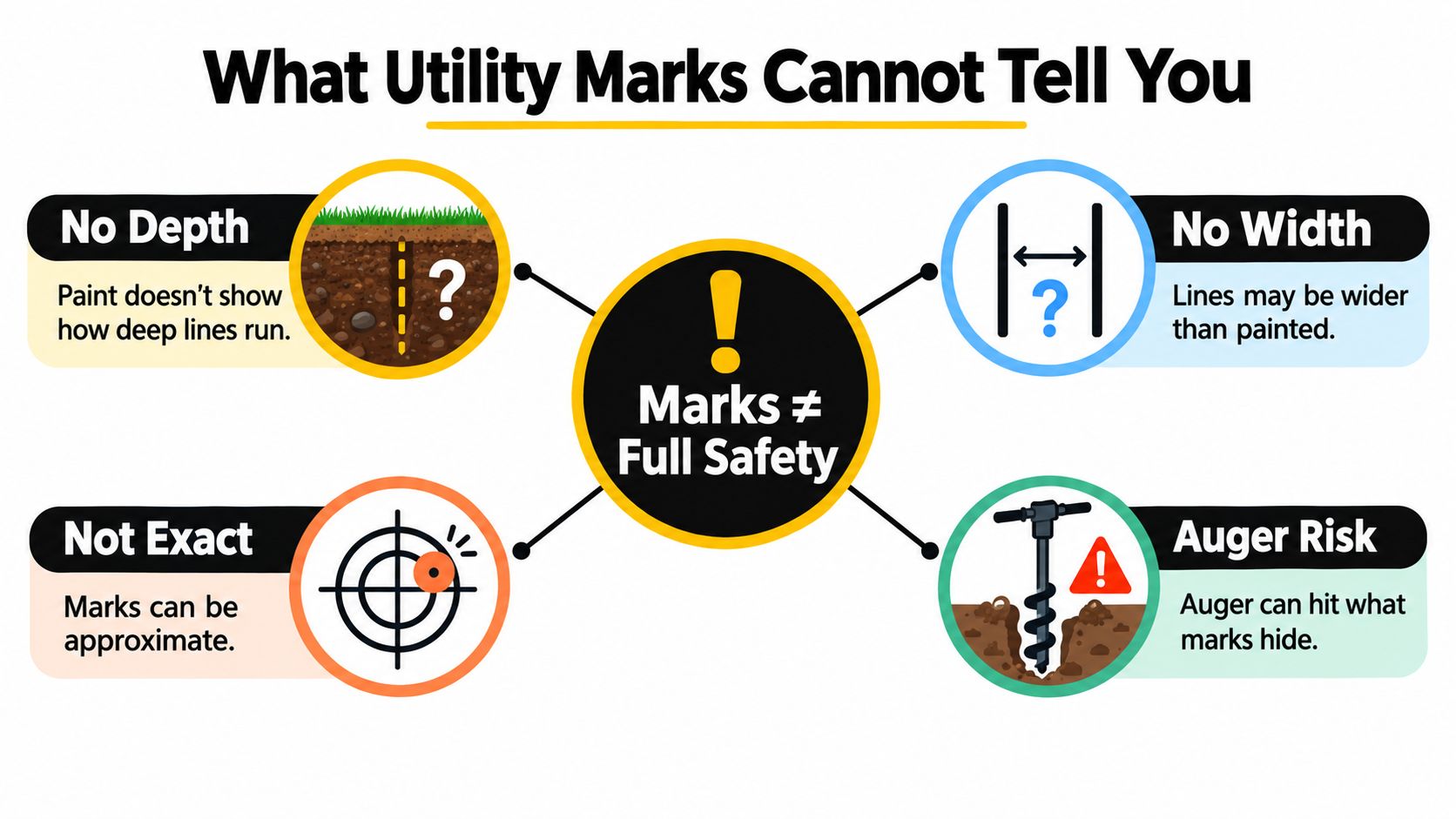An infographic showing that utility marks do not provide complete safety, including depth, width, accuracy, and auger risks.