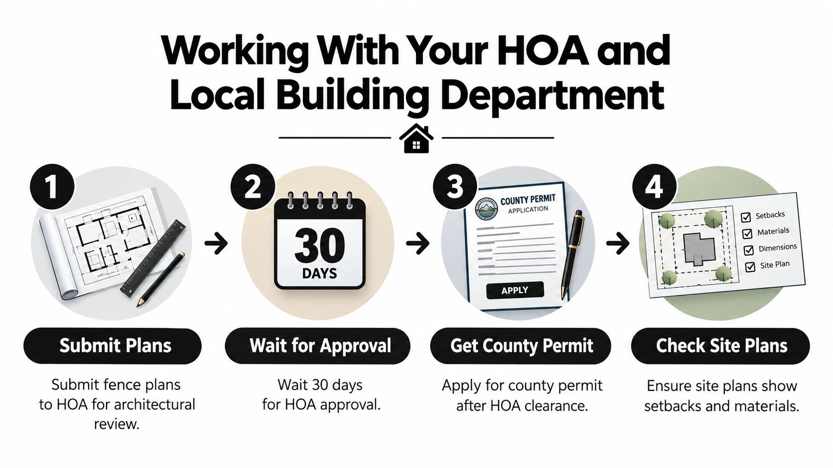 An infographic detailing the four steps for getting HOA and building department approval for fence projects.