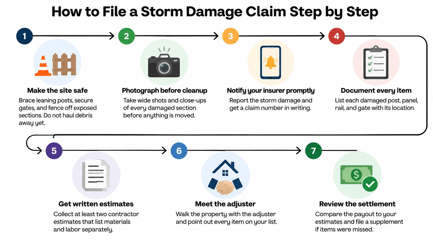 A seven-step infographic guide on how to properly file an insurance claim for storm damage property repairs.