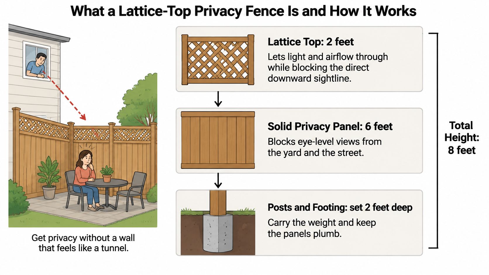 An infographic showing the structure of an 8-foot privacy fence with a 2-foot lattice top section.