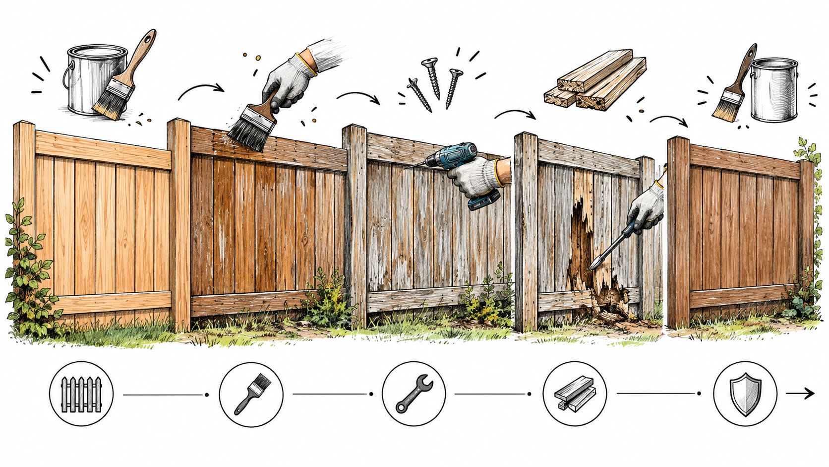 A step-by-step illustrated guide showing the process of cleaning, repairing, and staining a wooden fence outdoors.