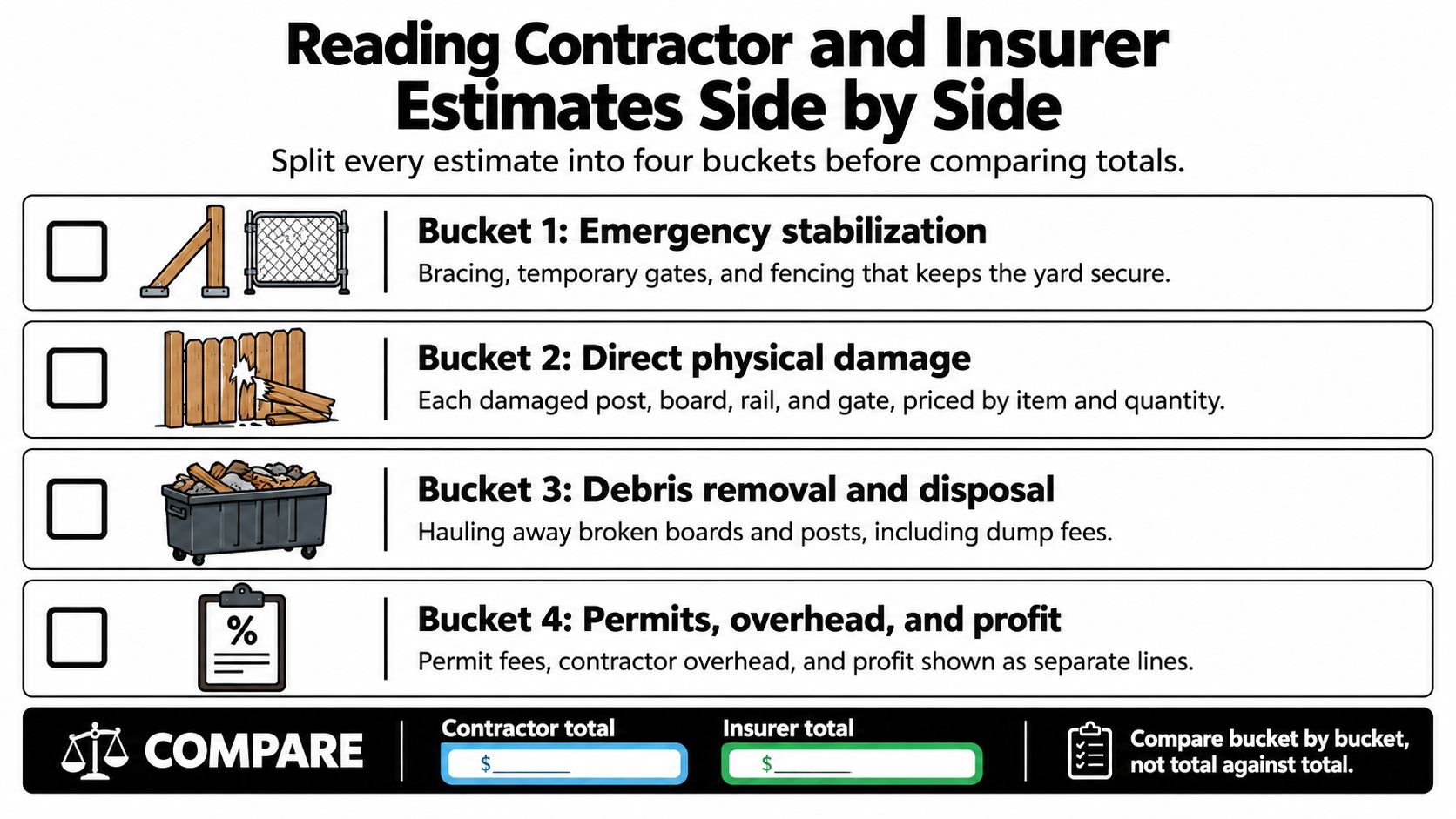 An infographic showing a four-bucket system for comparing contractor and insurer cost estimates for property damage.