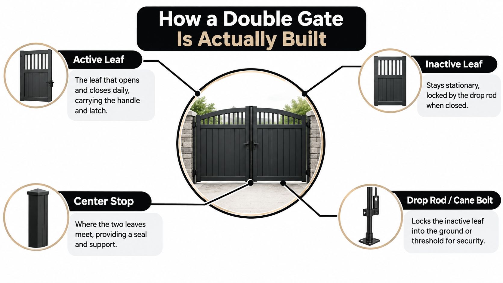 An infographic detailing the components of an aluminum fence double gate, including leaves, hinges, and locks.