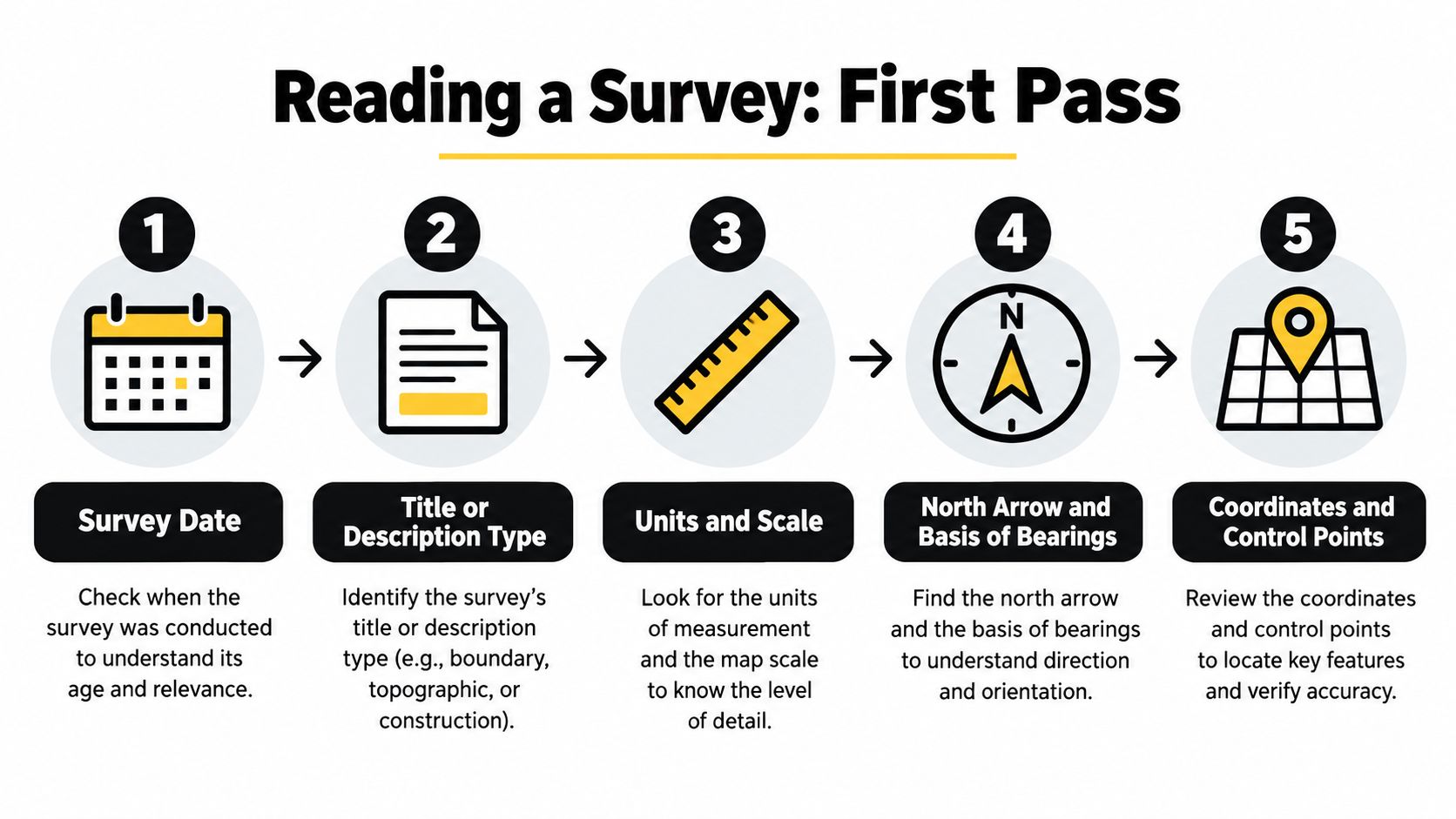 A step-by-step infographic titled Reading a Survey First Pass explaining five essential elements of property surveys.