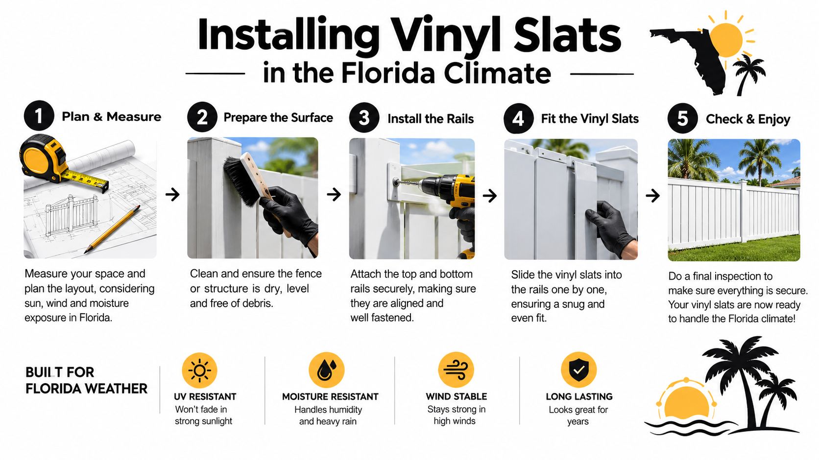 A five-step guide on how to install vinyl privacy fence slats designed for the Florida climate.