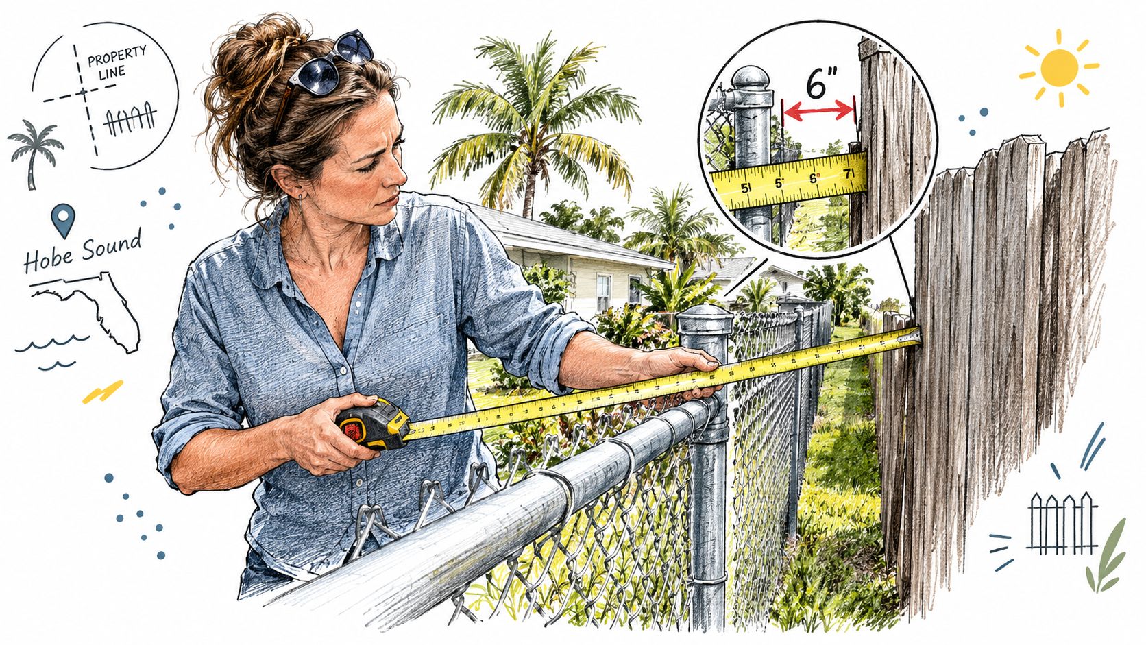 A woman measuring the distance between a chain link fence and a wooden fence for property survey.