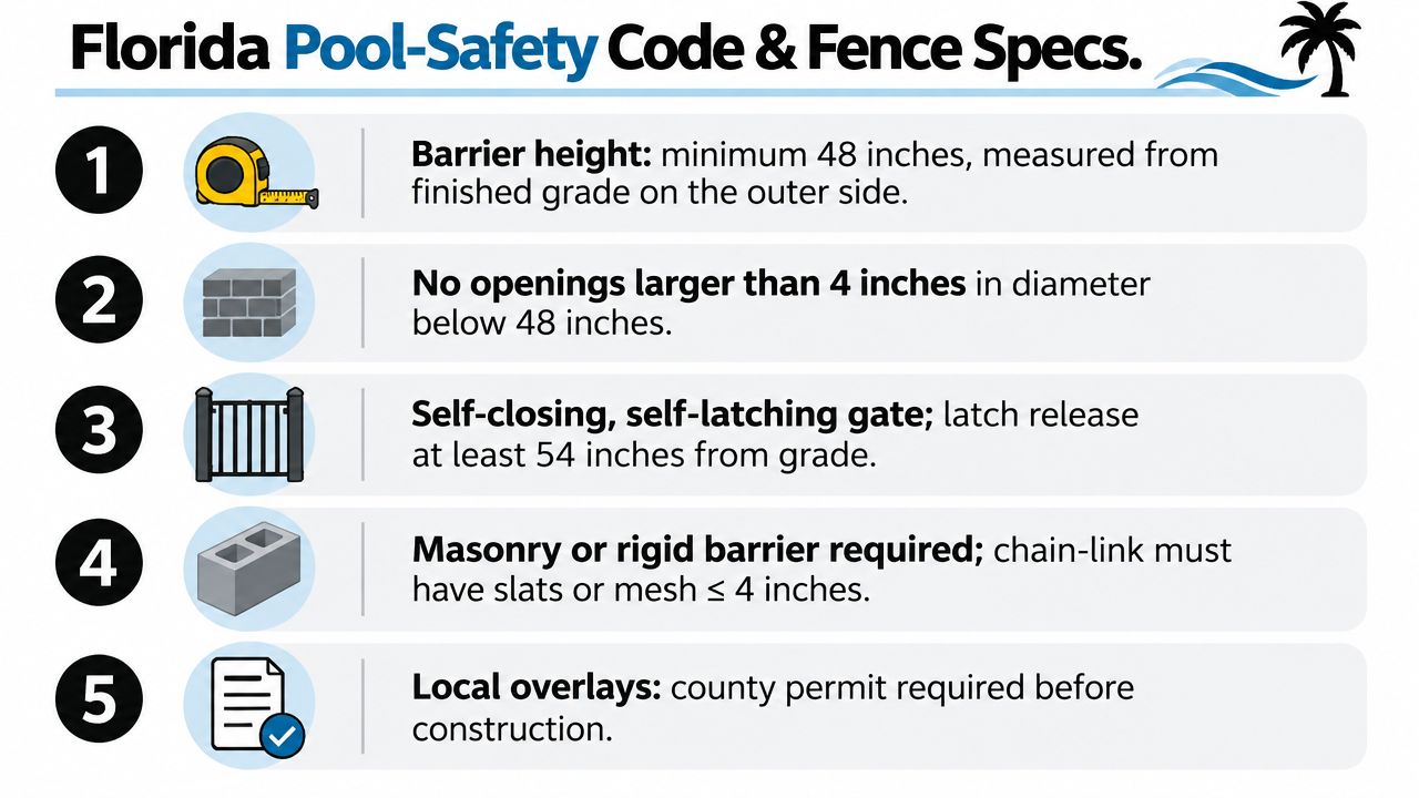 A list outlining the five Florida pool safety codes and fence requirements for pool owners.