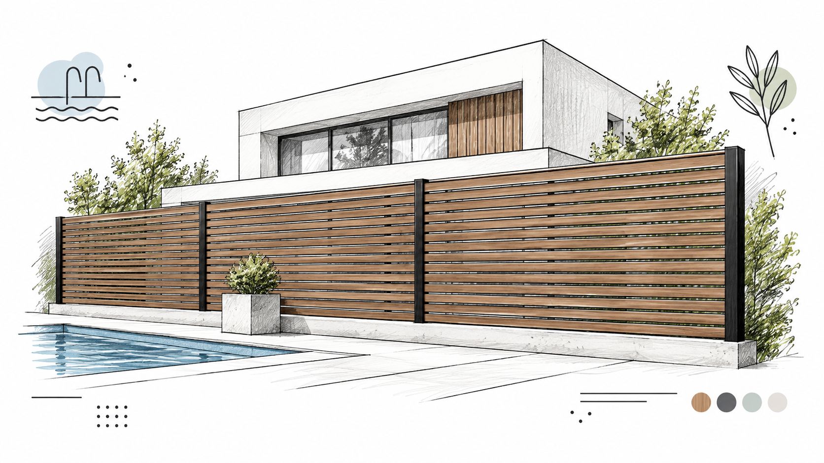 A modern architectural sketch of a sleek wooden privacy fence bordering a backyard swimming pool area.