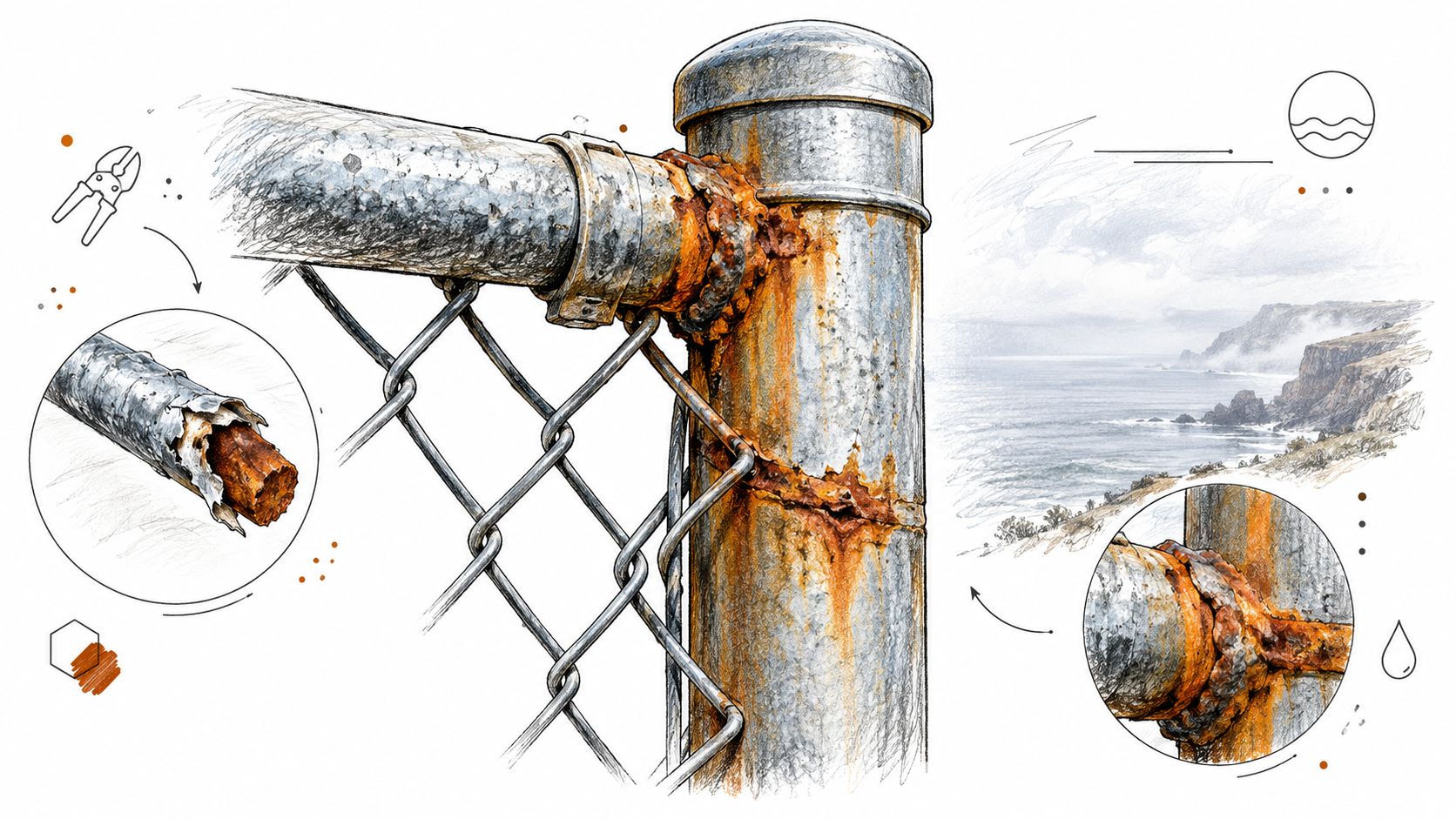 A detailed technical illustration showing the progression of rust and corrosion on a metal chain-link fence.