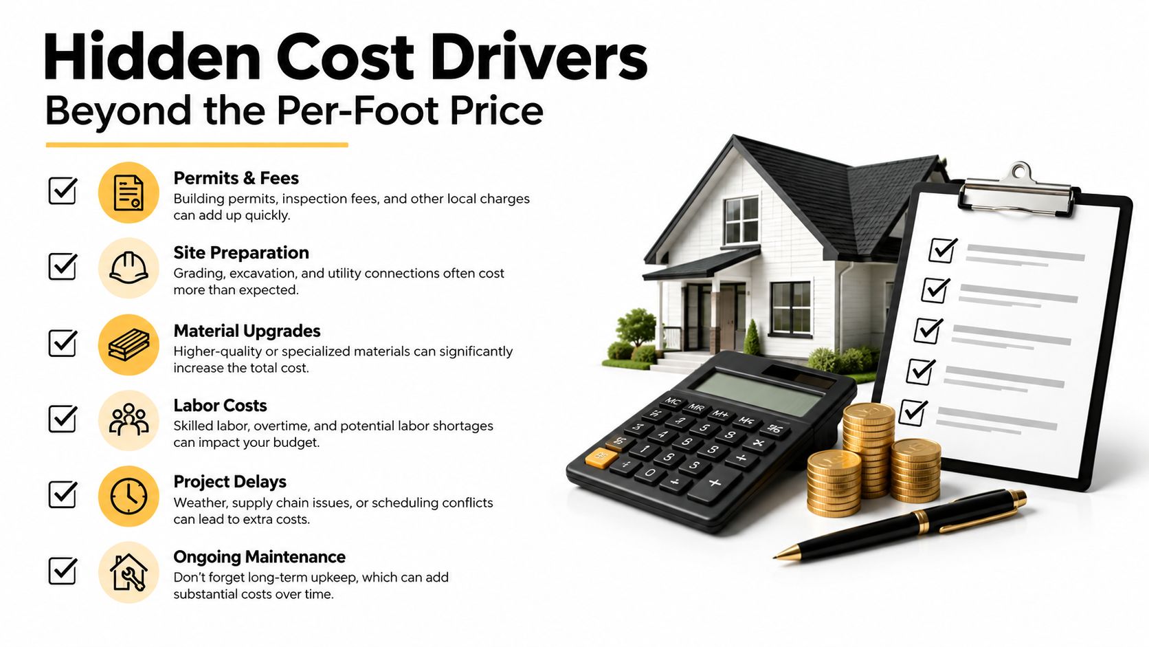 An infographic illustrating various hidden costs in construction, such as permits, labor, and site preparation.