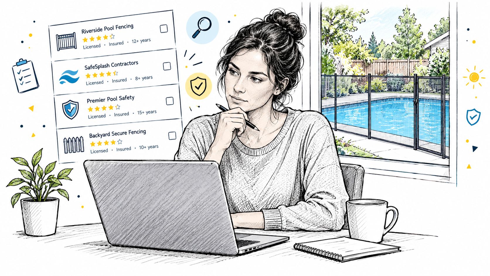 A woman researching local pool fence installation services on her laptop while looking at her backyard pool.