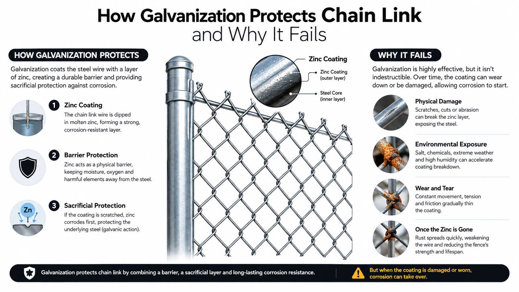 An infographic showing how galvanization protects chain link fences from rust and how that protection eventually fails.