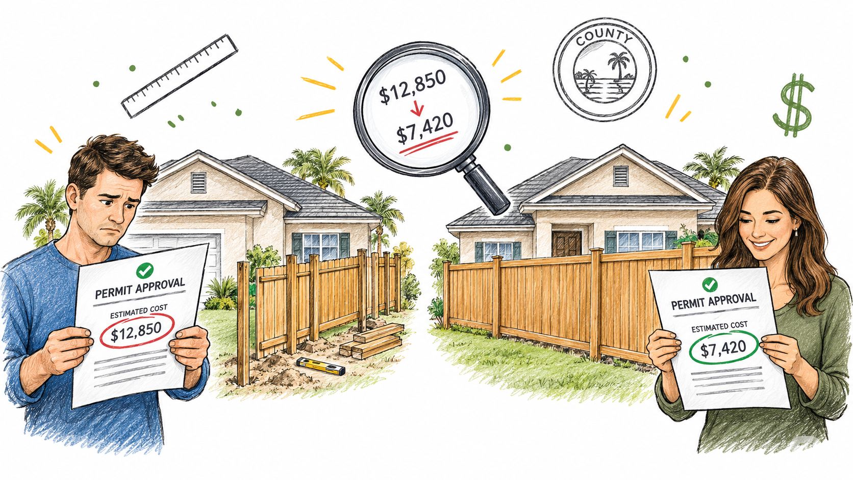 A couple comparing permit approval documents for house fence installation projects with different estimated costs in Florida.
