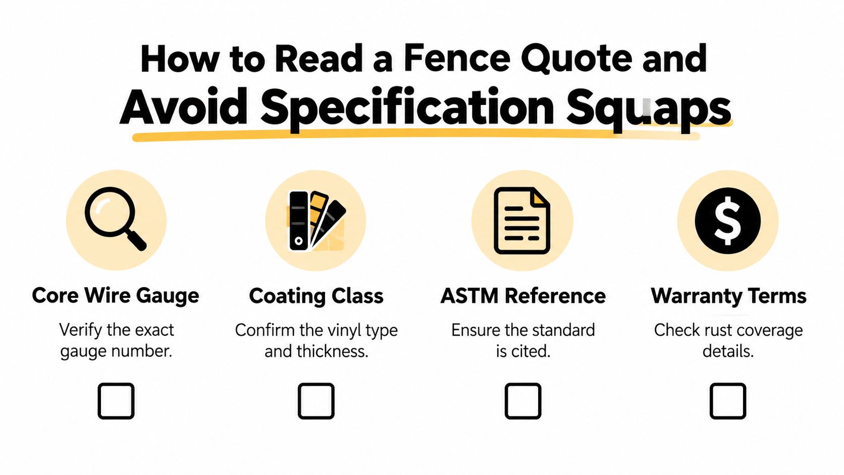 A checklist infographic titled How to Read a Fence Quote and Avoid Specification Squaps with four icons.