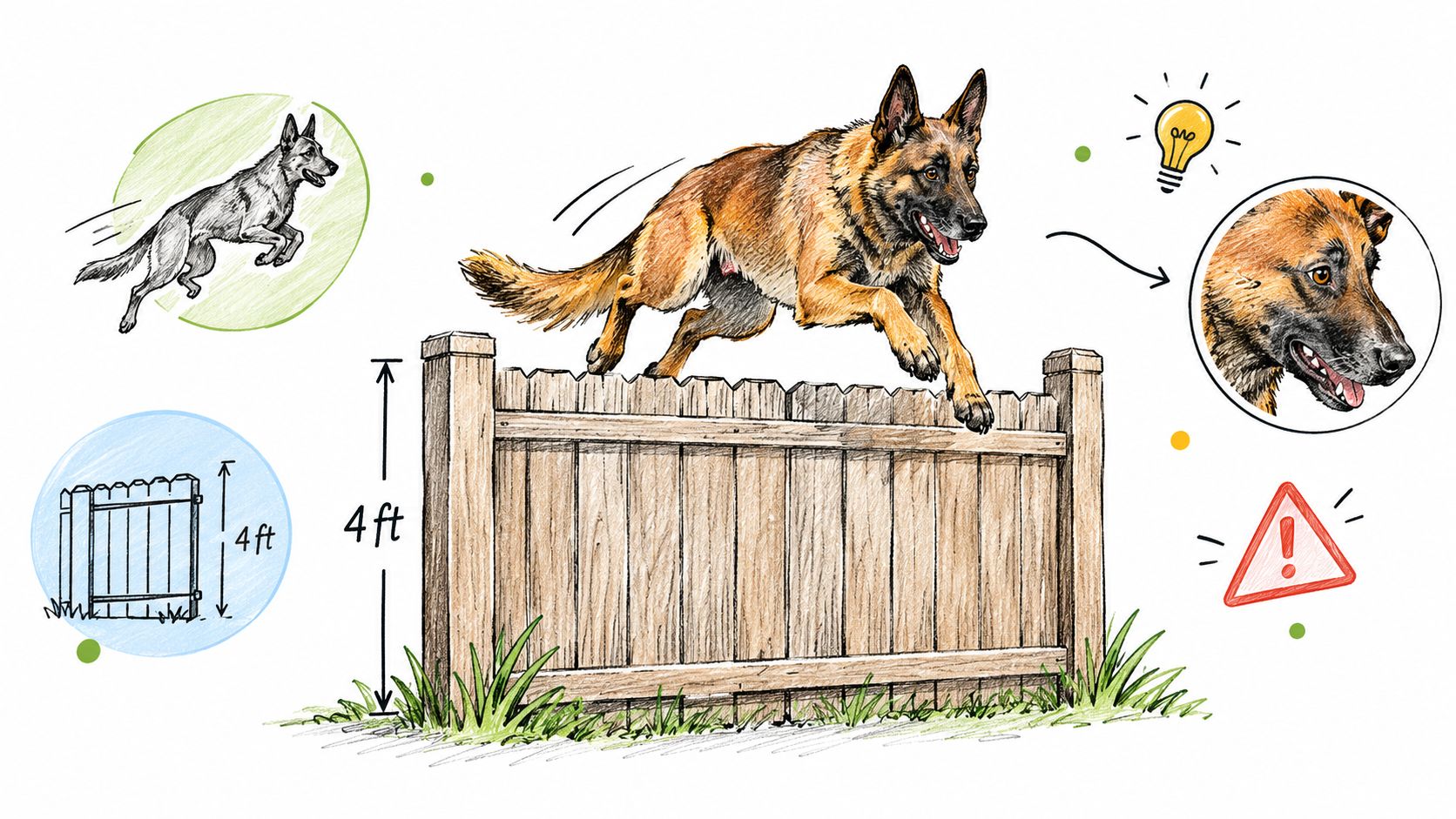 A German Shepherd dog jumping over a four foot tall wooden fence in a yard.