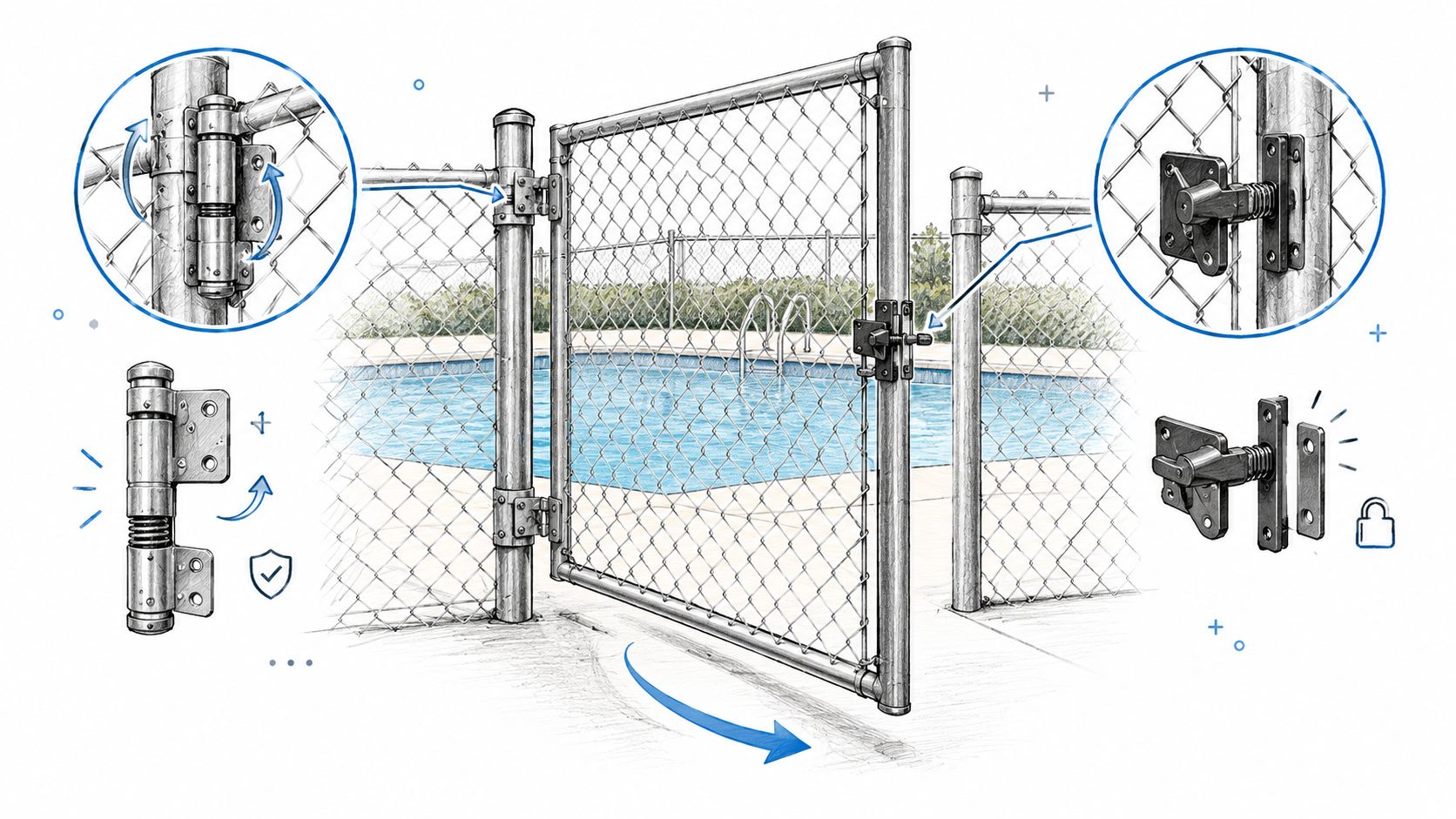 A diagram illustrating the installation of self-closing hinges and a security latch on a pool chain link fence.