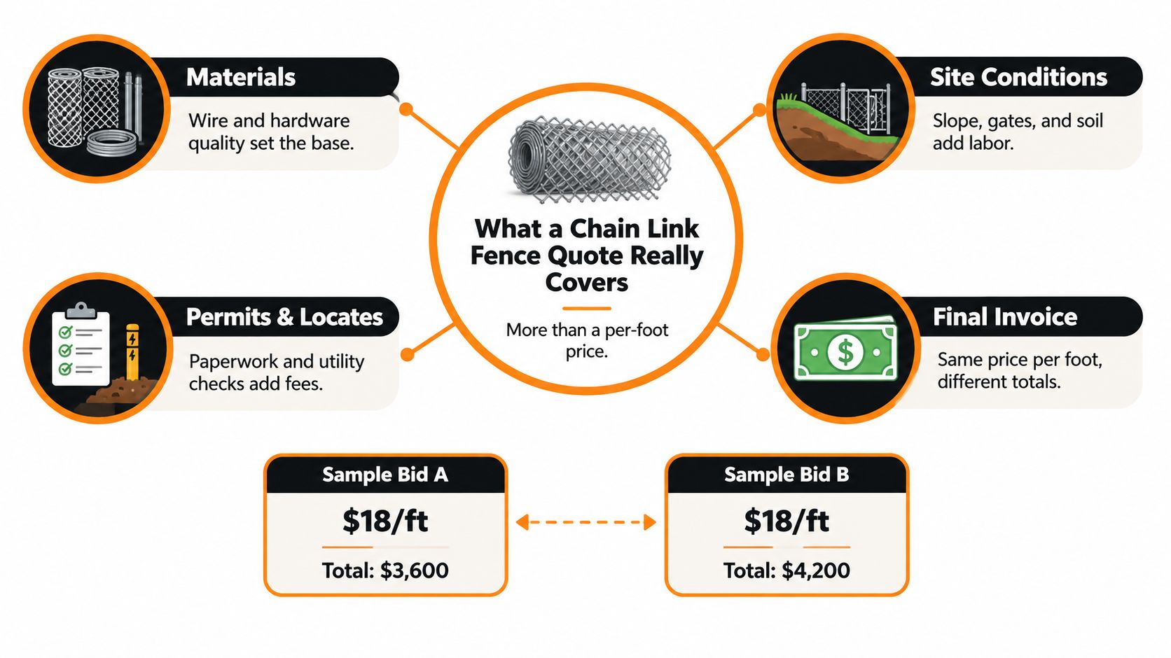 An infographic detailing the factors that influence the final cost of a chain link fence installation.