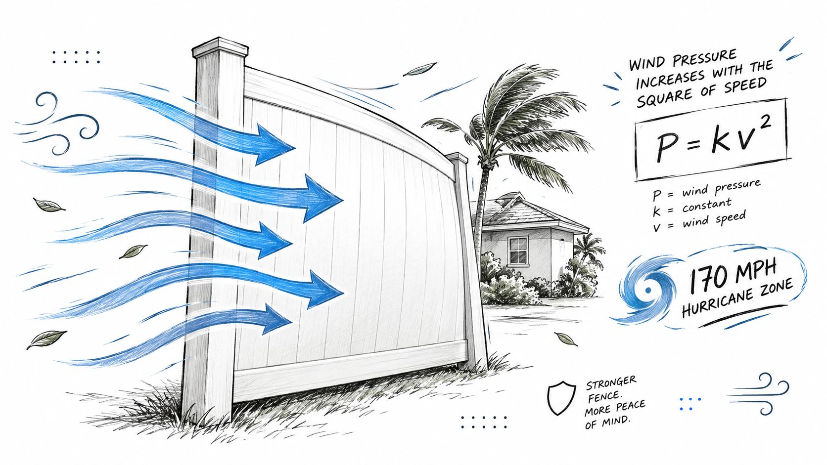 A diagram illustrating wind pressure on a vinyl privacy fence during a 170 mph hurricane.