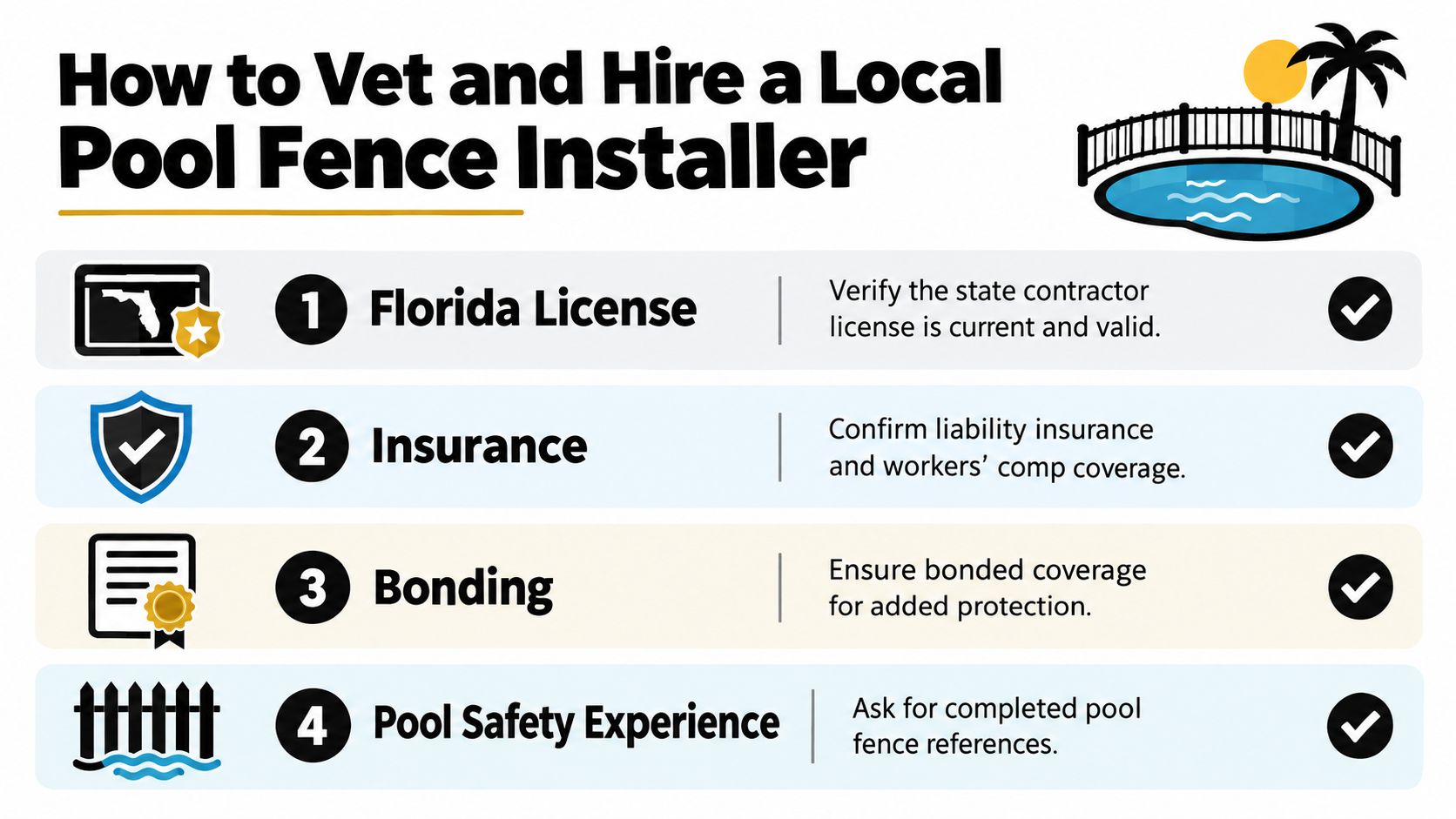 An infographic detailing four essential steps for vetting and hiring a professional pool fence installer.