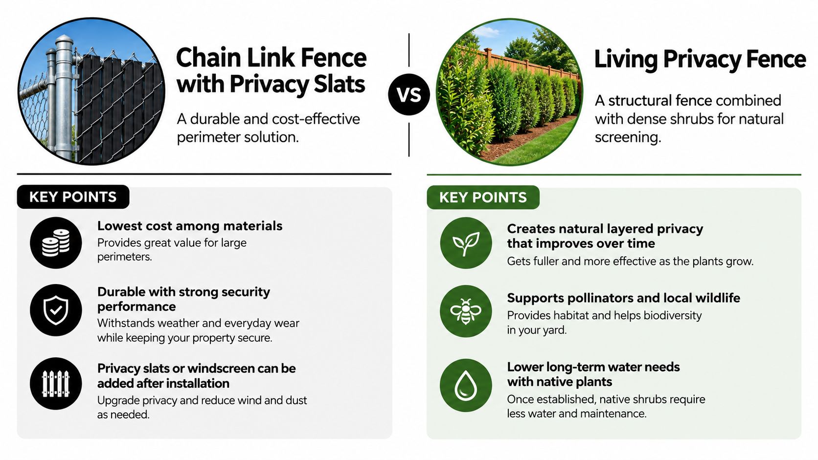 A comparison infographic between a chain link fence with privacy slats and a living privacy hedge.