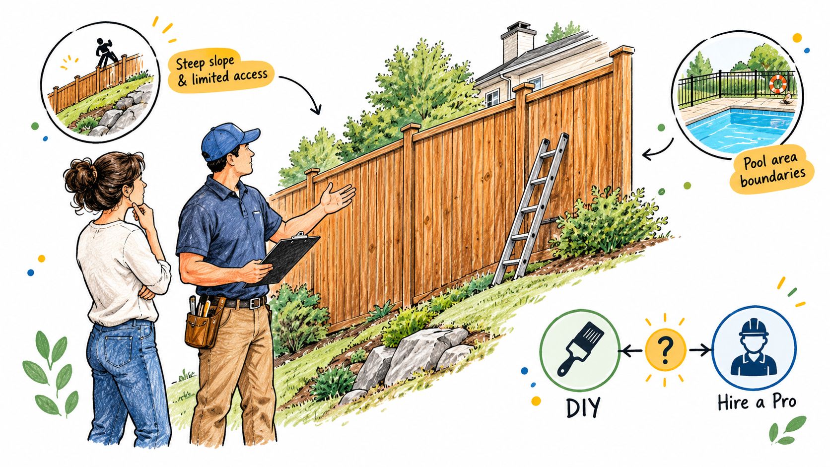 A professional contractor talks to a homeowner about the challenges of staining a sloped cedar fence.