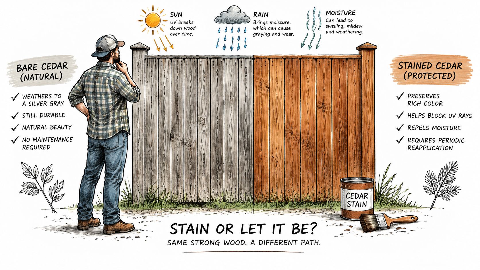 A man observing a split-view wooden fence comparing bare gray weathered cedar and protected stained cedar.