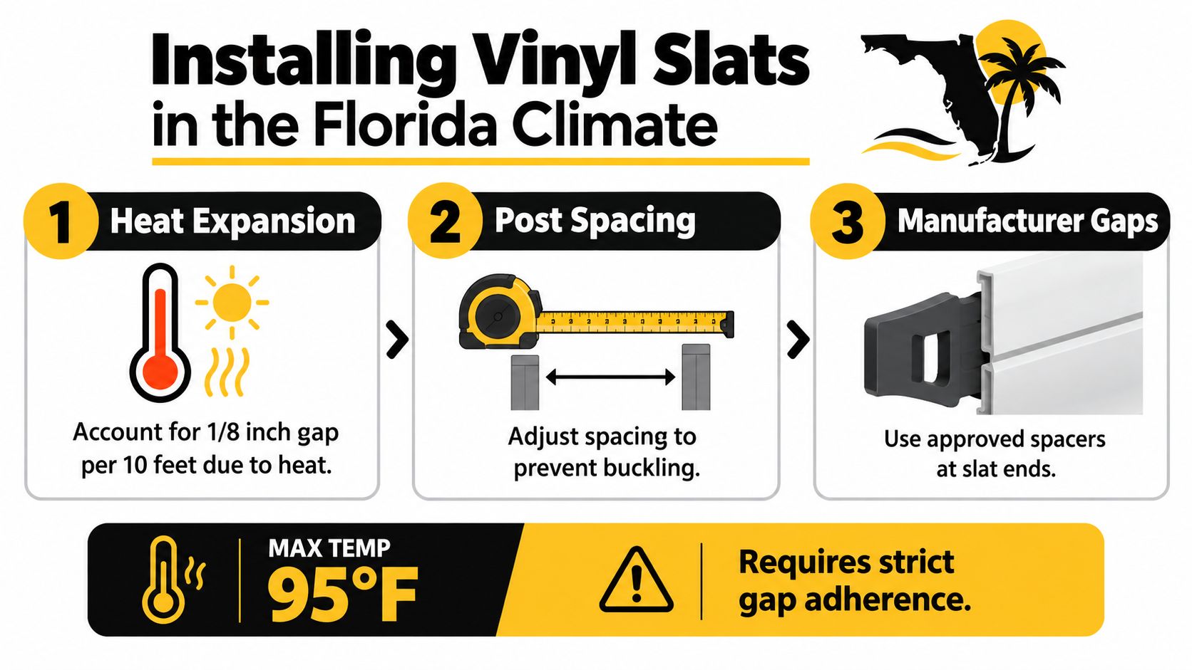 An infographic titled Installing Vinyl Slats in the Florida Climate showing three steps for proper installation.