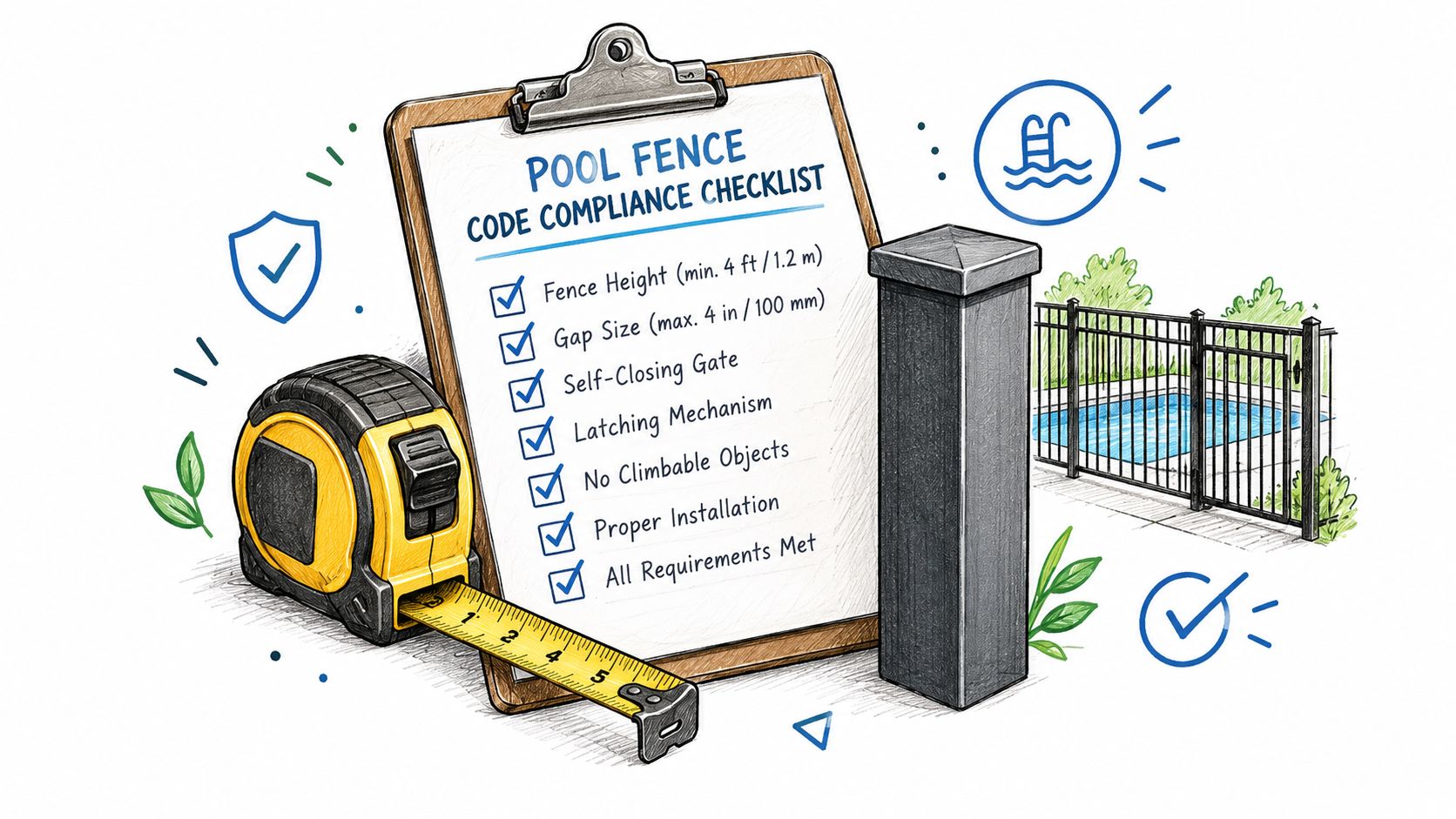 A checklist for pool fence compliance featuring a tape measure, clipboard, and a black metal pool fence.