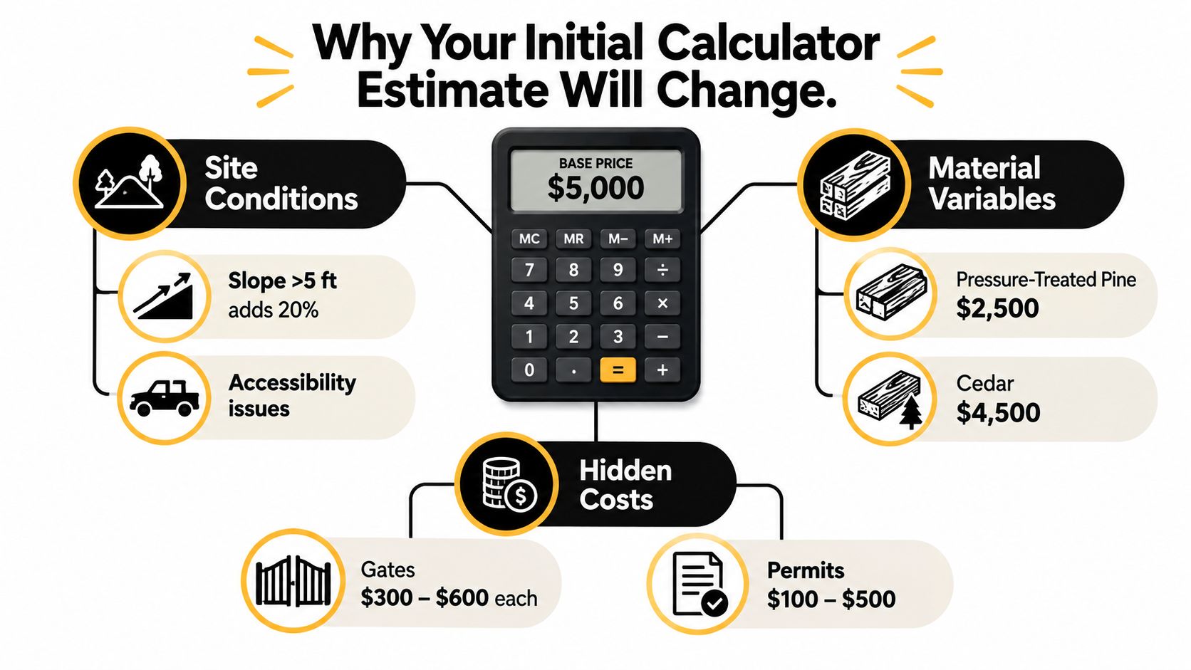 An infographic titled Why Your Initial Calculator Estimate Will Change explaining various factors affecting fence project pricing.