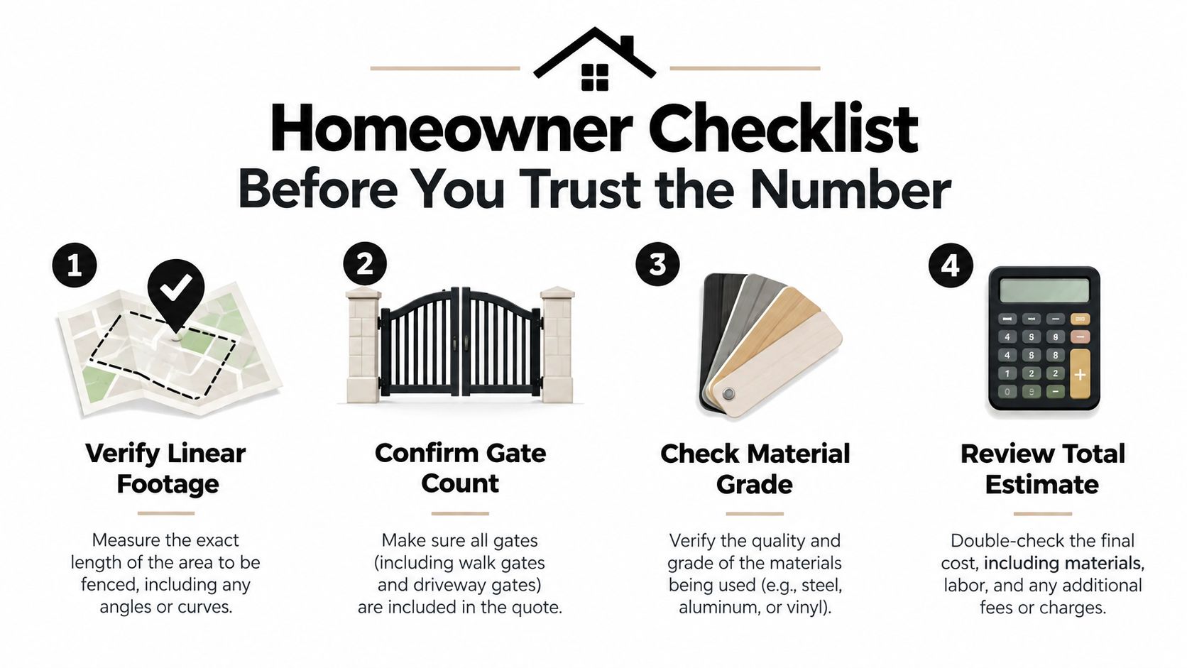 An infographic titled Homeowner Checklist Before You Trust the Number providing steps for evaluating fence project quotes.