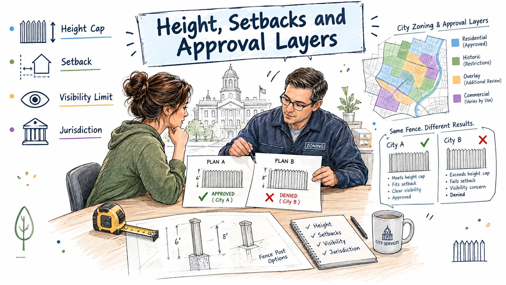 A professional explaining fence permit requirements, height caps, and zoning regulations to a client in an office.