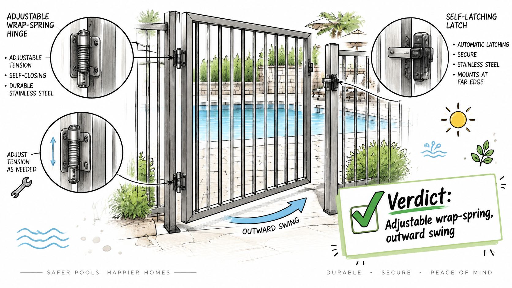 A diagram demonstrating self-closing gate hinges and a self-latching mechanism for an outdoor pool safety gate.