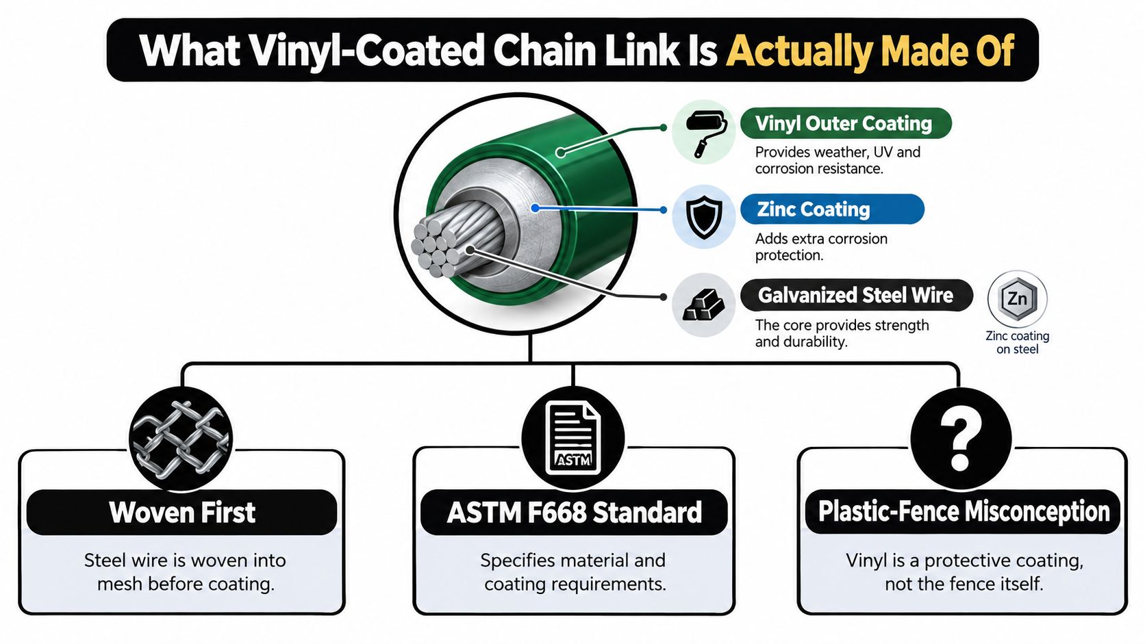An infographic detailing the materials and construction process of vinyl-coated chain link fencing, explaining its steel core.