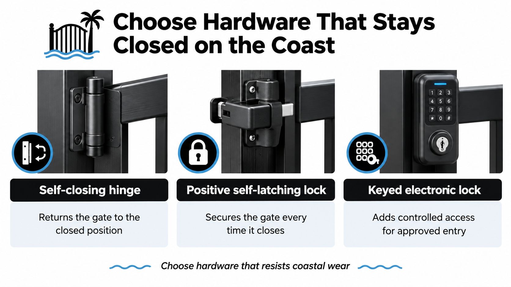 A graphic showing gate hardware options including a self-closing hinge, self-latching lock, and electronic keypad lock.
