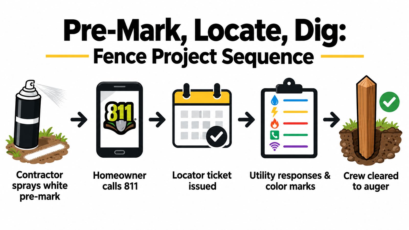 An infographic illustrating the five-step process of preparing to dig for a fence project, starting with 811.