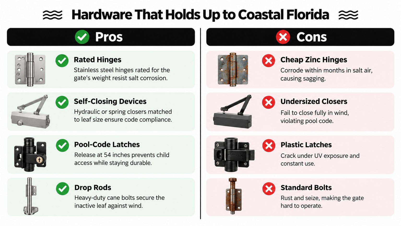 A comparison chart showing durable gate hardware for coastal Florida versus low-quality hardware that rusts.